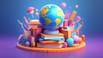 Obraz premium Global Education: A Colorful 3D Illustration of Books, Globe, and School Supplies Representing Worldwide Learning
