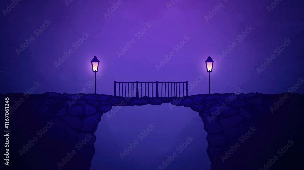 Poster mysterious foggy scene with a bridge and lanterns in a dreamlike atmosphere