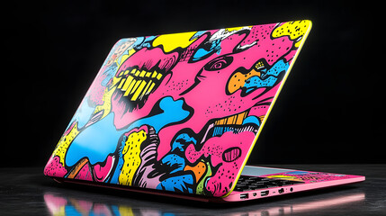 A Vibrant and Playful Pop Art Laptop Decorated with Colorful Decals and Bold Comic-Style Graphics