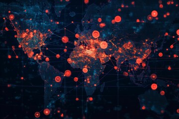 Fototapeta premium Global network map, glowing red nodes, digital connections.