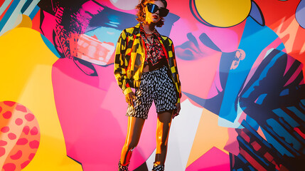 An Exciting Pop Art Fashion Showcase Celebrating Colorful Runway Energy with Bold Patterns, Dynamic...