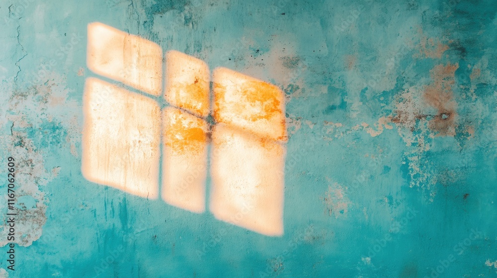 Aufkleber sunlight filters through a window, casting soft patterns on a weathered blue wall and adding warmth 