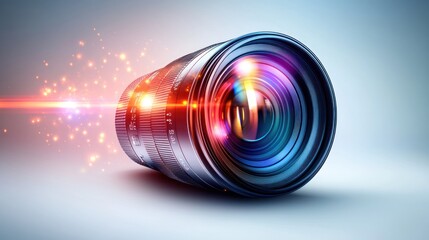 Close-up of a camera lens with light flare.