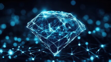 A glowing blue diamond with a network of light connections against a dark background.