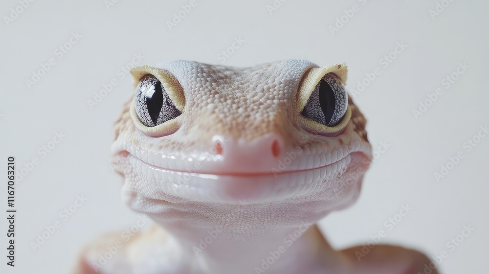 Poster leopard gecko close-up portrait showcasing unique features and vibrant colors on a neutral backgroun
