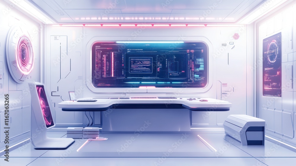 Poster futuristic white control room with monitors displaying data.