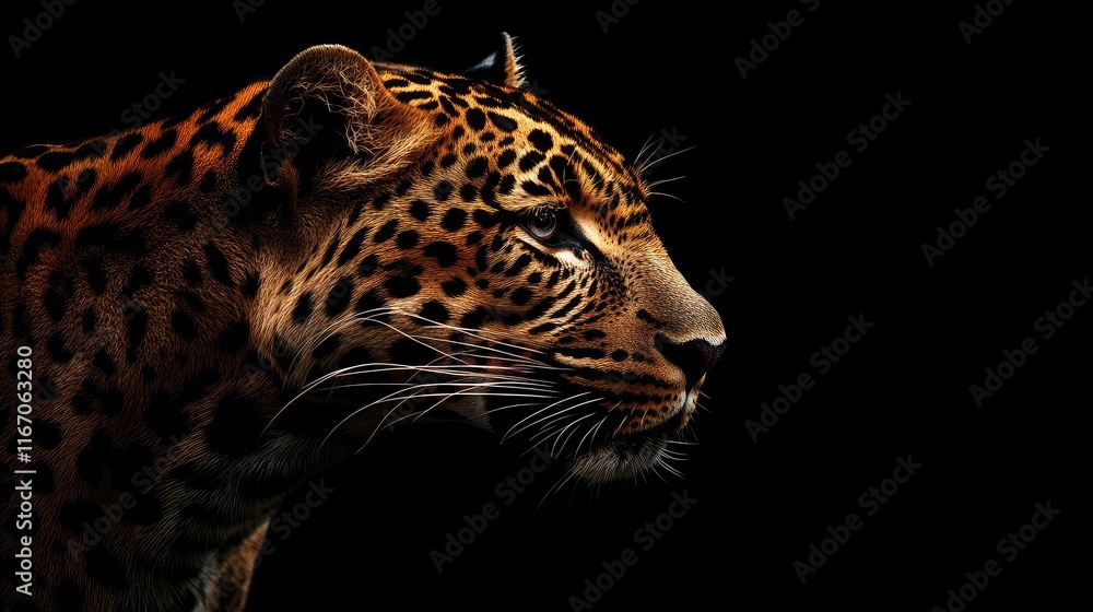 Poster leopard close up profile portrait on black background with selective focus and ample space for text 