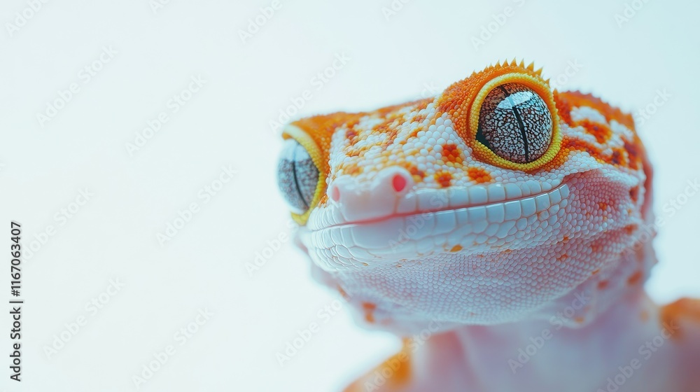 Poster close-up of a leopard gecko showcasing its vibrant colors and unique patterns against a soft white b