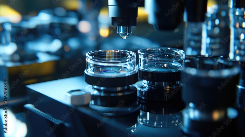 Aufkleber lens production process in high-tech laboratory with precision measuring tools and advanced technolo