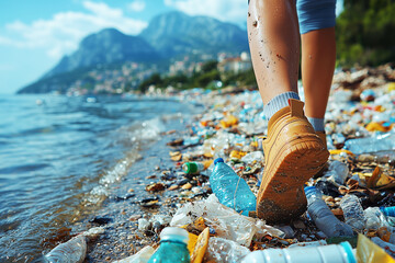 Human feet in shoes walk on garbage on the coast of the sea or ocean. Threat to ecosystems. Human responsibility. Reducing waste through recycling.