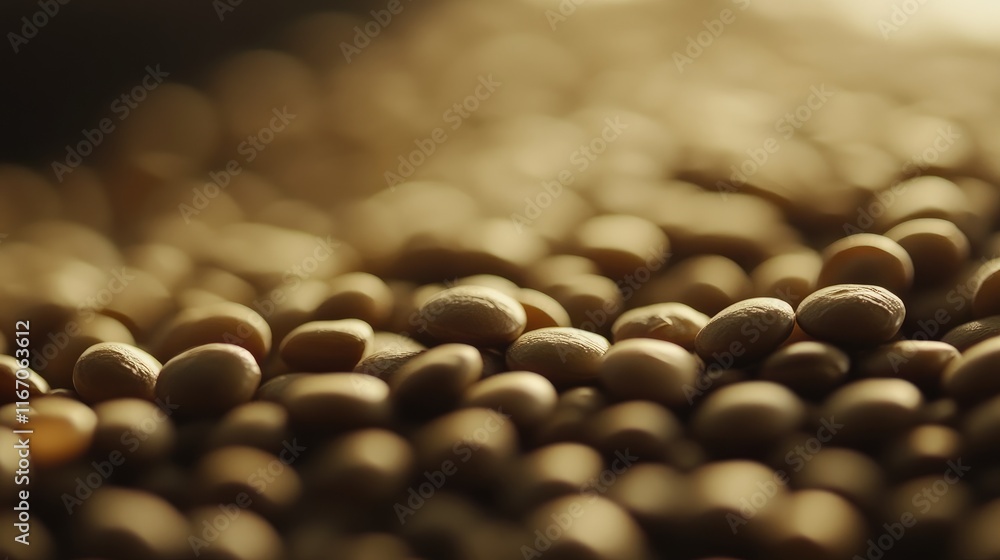 Poster close-up view of unprocessed lentils showcasing their natural texture and warm tones on a blurred ba