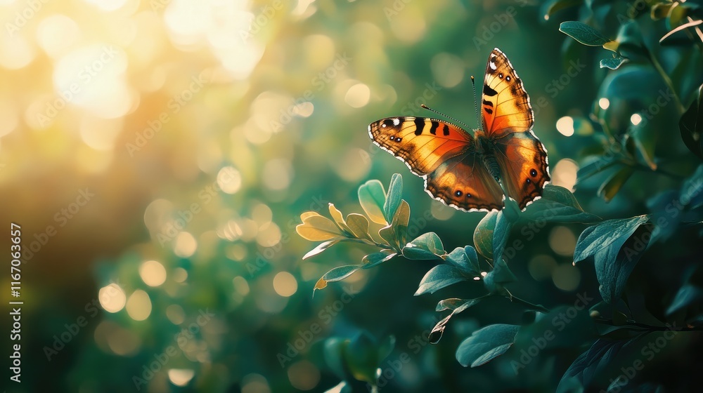 Poster lesser tortoiseshell butterfly perched on lush greenery with soft sunlight creating a dreamy, bokeh 