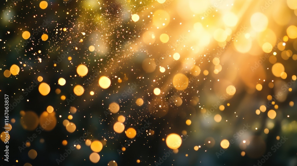 Poster abstract golden bokeh background with luminous sun rays creating an enchanting lens flare effect tha