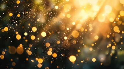 Abstract golden bokeh background with luminous sun rays creating an enchanting lens flare effect that evokes a warm and magical atmosphere