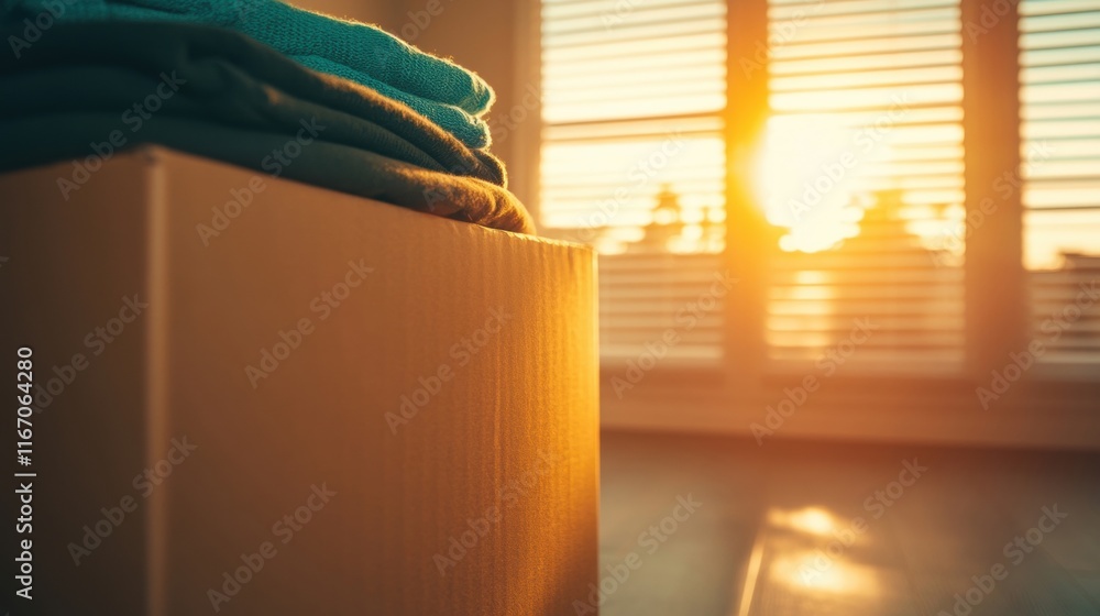 Aufkleber sunlight streams through the blinds, casting warm light on moving boxes filled with neatly folded cl