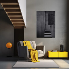 Modern Living Room Interior Grey Sofa Yellow Throw Wooden Stairs Abstract Art