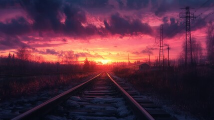 A railroad track disappears into a stunning sunset, with a vibrant red sky and wispy clouds. The sun is setting behind a forest in the distance. The railroad tracks stretch out into the horizon.