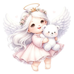 Adorable angelic child with wings and teddy bear, wearing crown and floral headband