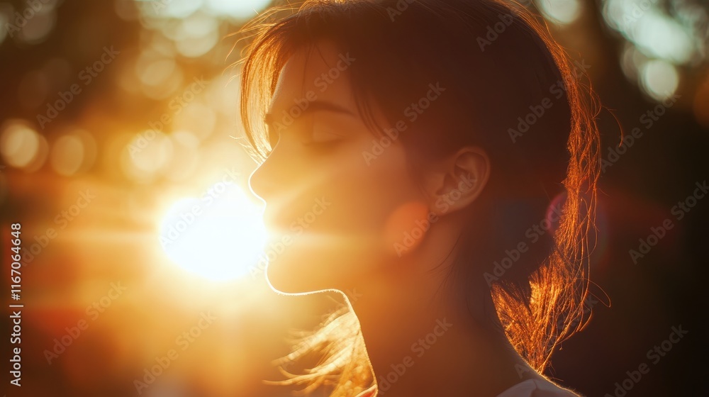 Poster sunset portrait with lens flare creating a dreamy atmosphere and beautiful light transition on a ser
