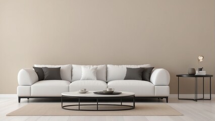 black sofa set and white side table against empty beige wall background. Minimalist