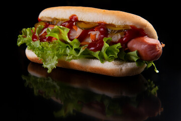Appetizing hot dog on a dark background.
