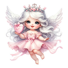 Naklejka premium Adorable angelic baby with wings and pink dress holding heart shaped gift