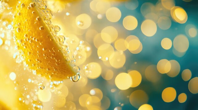 Fresh lemon slice with bubbles on vibrant bokeh background ideal for summer beverage promotions and creative food advertising.