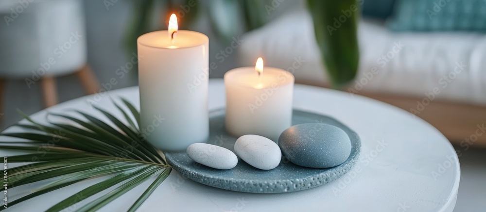 Poster relaxing spa setting with burning candles smooth stones and palm leaf creating a tranquil ambiance f