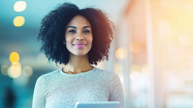 Confident woman stands in a bright office space, engaging with her tablet while smiling at the camera during a busy workday