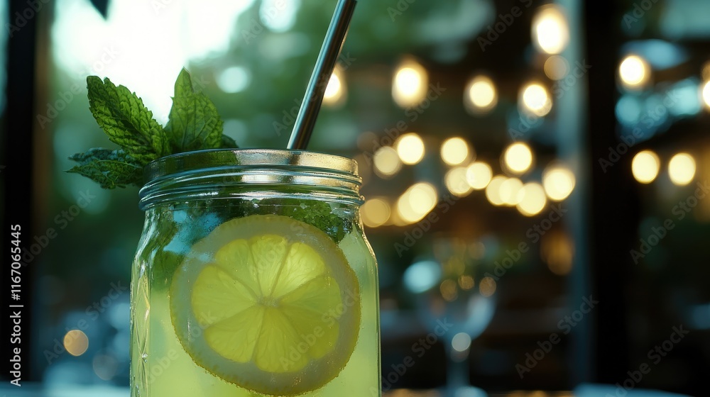 Poster refreshing lemonade with mint served in a jar over ice garnished with lemon slices and a straw on a 