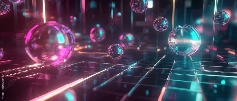 Poster glowing orbs float over a vibrant grid.