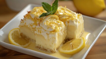 Lemon square dessert with creamy cheese topping and fresh lemon slices on a white plate garnished with mint leaves.