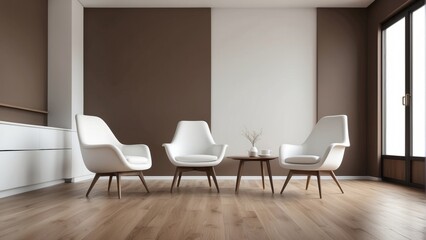 minimal empty living room interior with white chairs on brown wall background, wooden floor