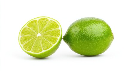 A whole lime next to a halved lime, showcasing its vibrant color.