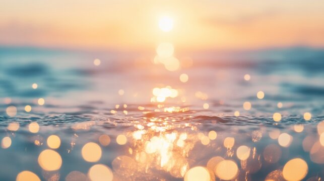 Golden sun descends towards the horizon, reflected on rippling waves, creating a serene atmosphere filled with sparkling lights