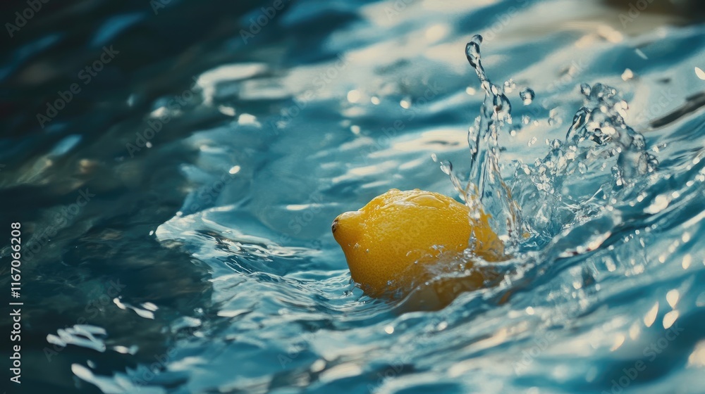 Poster vibrant lemon splashing into crystal clear water creating dynamic ripples and reflections in a seren