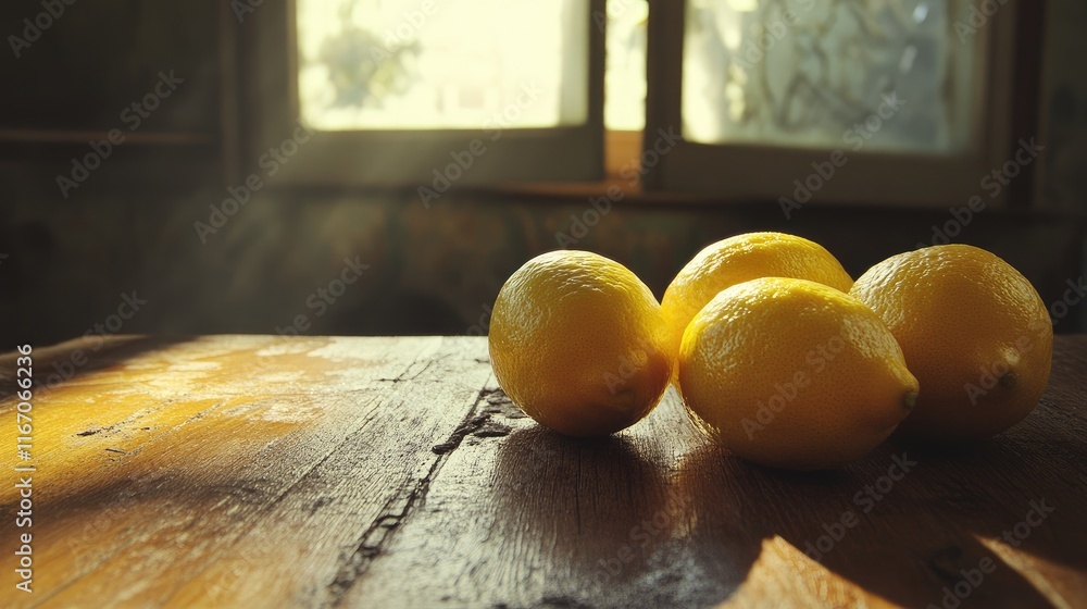 Poster fresh and bright lemons arranged on a rustic wooden table with soft sunlight filtering through a nea