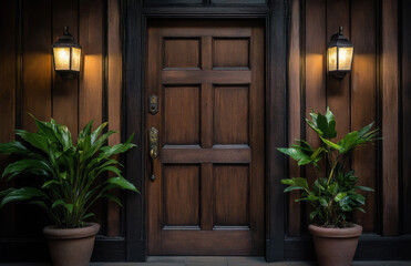 A sturdy wooden door is framed by two elegant lanterns and lush potted plants. The warm lighting and rich textures enhance the inviting atmosphere of this entrance.