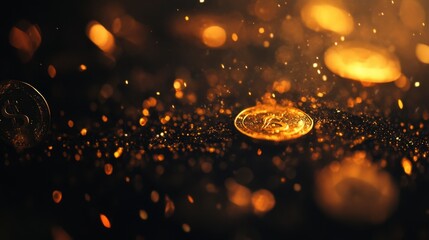 Golden Bitcoin Cryptocurrency Falling on Dark Glitter Background