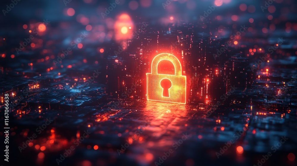 Poster Futuristic Digital Lock Emblem in Cyberpunk Style with Bokeh Lights and Binary Code Background