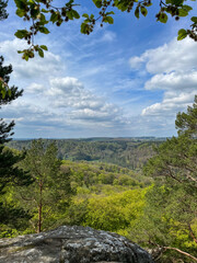 Panoramic view of mountains and trees under blue sky with clouds in the Mullerthal region, Luxembourg.