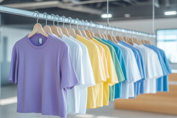 Fototapeta premium Colorful t-shirts hanging on hangers. Generative AI