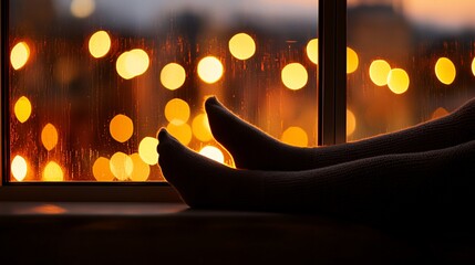 Child's feet resting on windowsill, gazing at night lights.