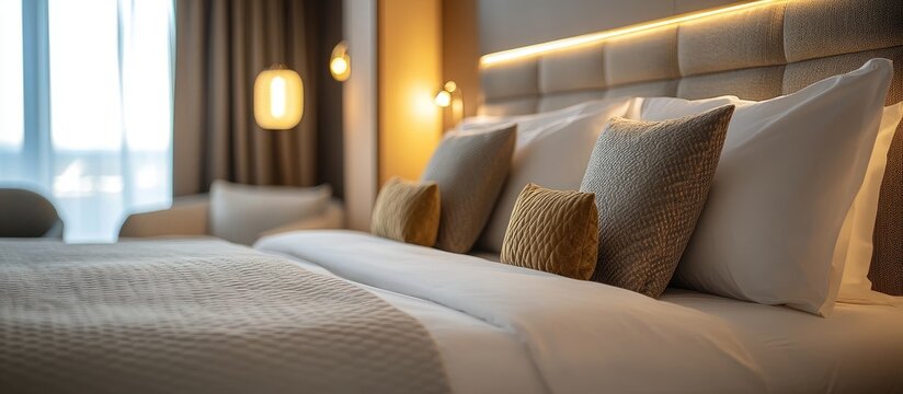 Elegant hotel room with soft gold accents creating a warm and inviting atmosphere for guests seeking luxury and comfort.