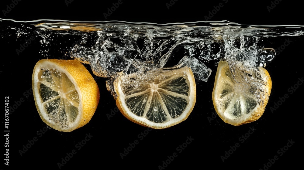Aufkleber lemon slices splashing into water with ice cubes creating dynamic bubbles against a dark background