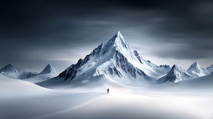 Dramatic mountain range beneath moody gray clouds, pristine snow-covered slopes, cinematic wide angle with perfect rule of thirds composition Ultra-Realistic, Photo Realistic, highly detailed, 