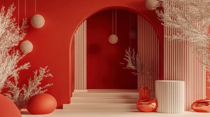 Fototapeta premium Festive Red Archway Product Display Mockup with Golden Accents