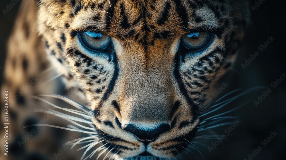 Poster close-up portrait of a majestic leopard showcasing striking features and intricate fur patterns in a