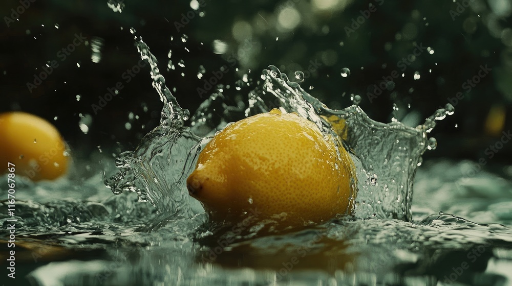 Aufkleber fresh lemon water splashing in clear liquid with vibrant lemon fruit creating refreshing summer back