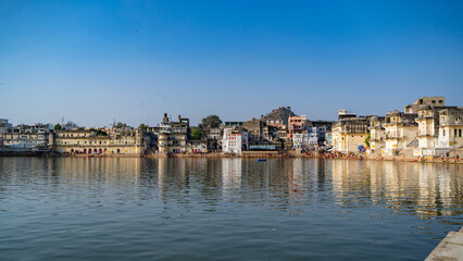 Ghats of Pushkar lake located in Pushkar town in Rajasthan state of India